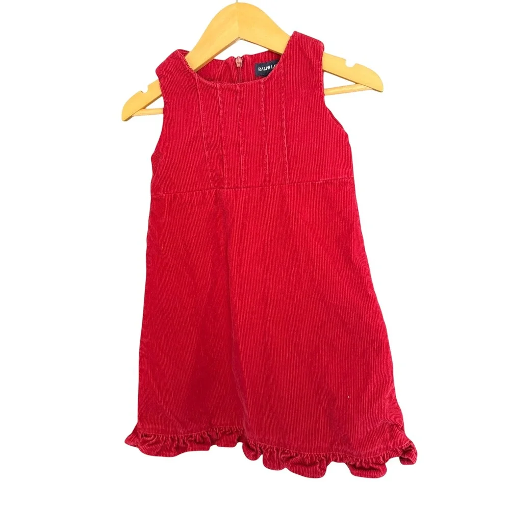 Ralph Lauren Corduroy Jumper Dress girls 2T red Pleated Ruffle Sleeveless